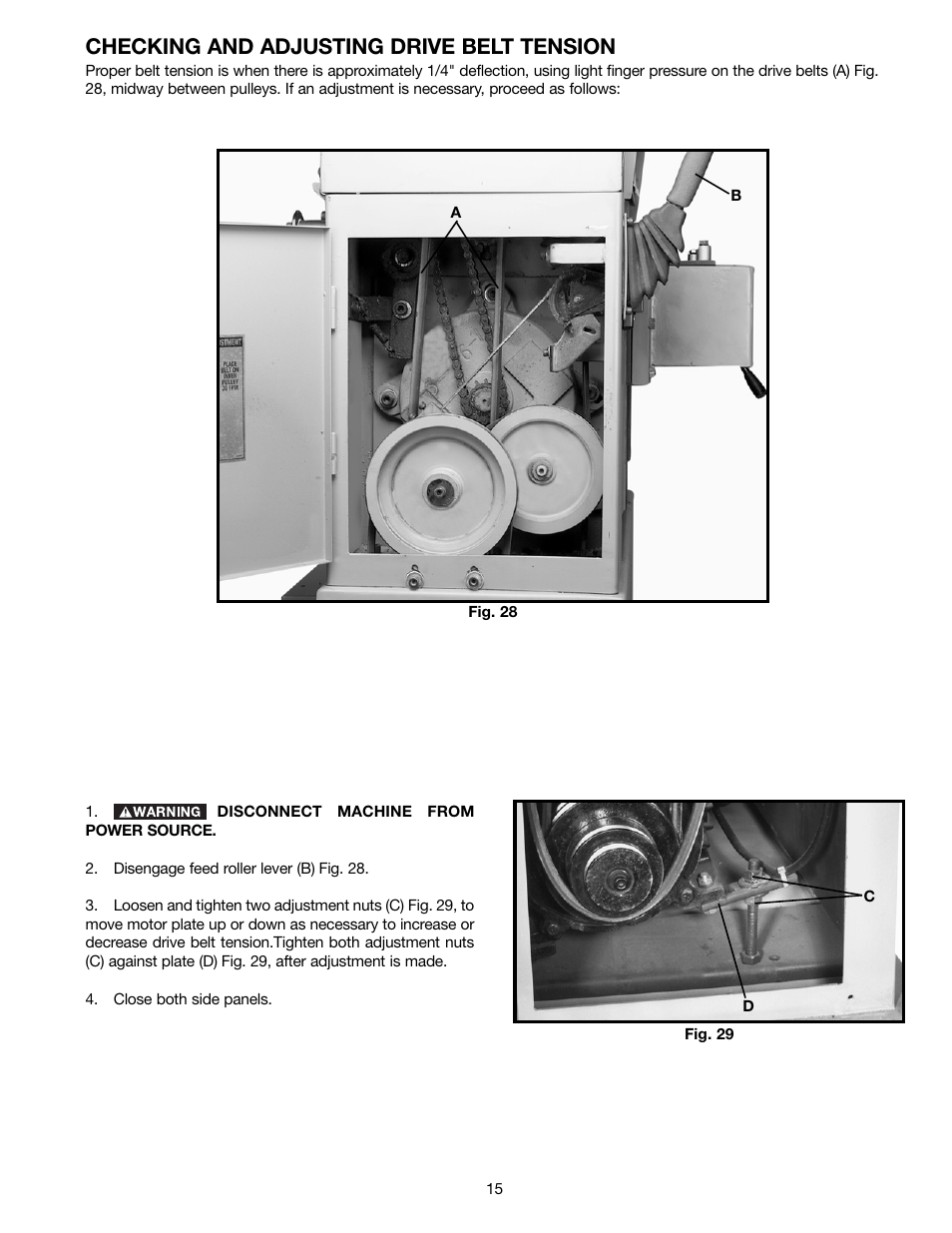 Checking and adjusting drive belt tension | Delta DC-580 20" PLANER 22-450 User Manual | Page 15 / 24