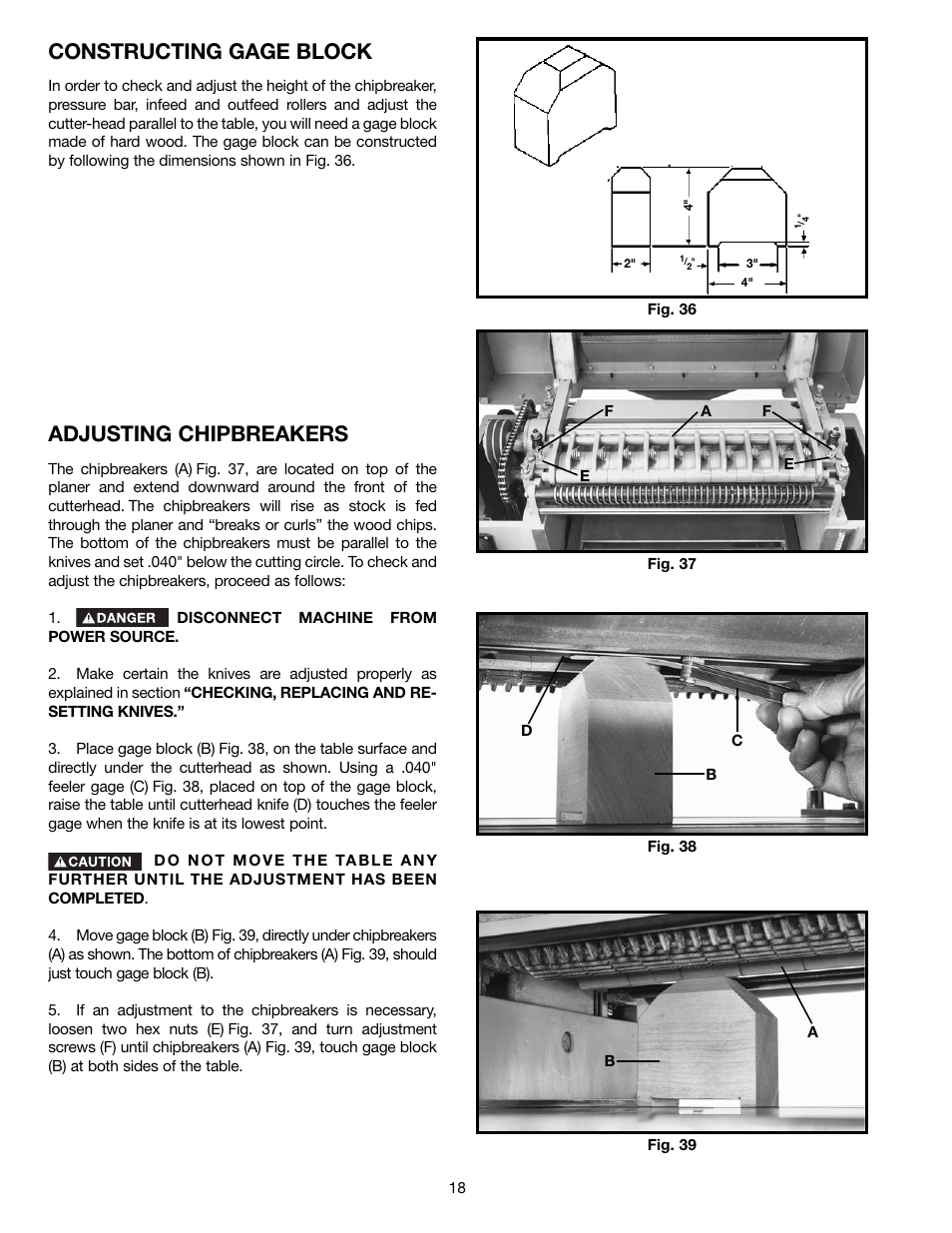 Constructing gage block, Adjusting chipbreakers | Delta DC-580 20" PLANER 22-450 User Manual | Page 18 / 24