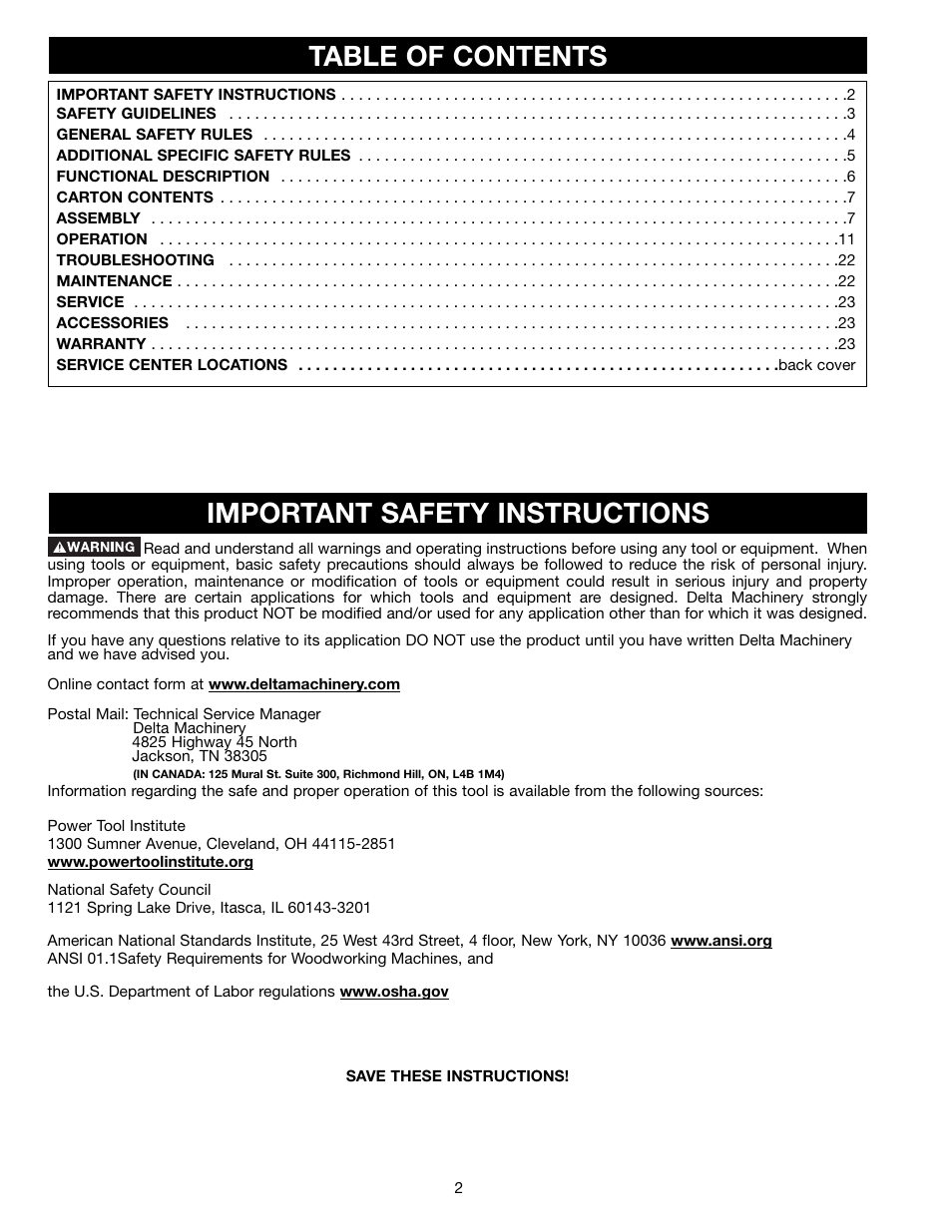 Delta DC-580 20" PLANER 22-450 User Manual | Page 2 / 24