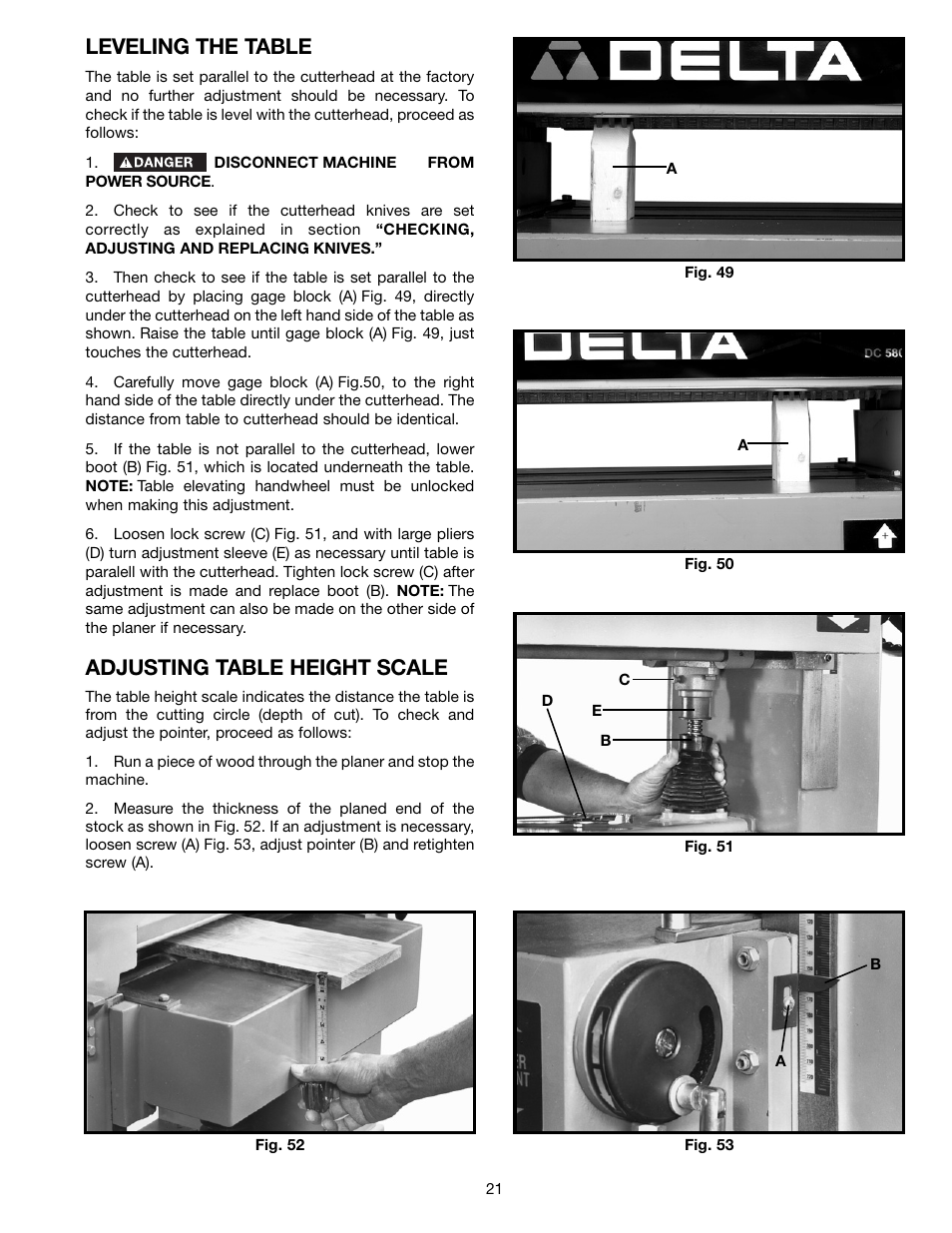 Leveling the table, Adjusting table height scale | Delta DC-580 20" PLANER 22-450 User Manual | Page 21 / 24