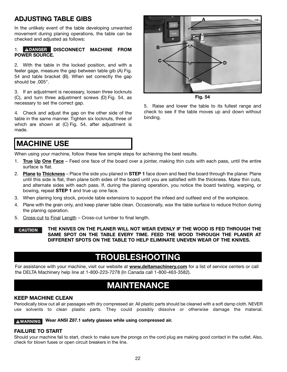 Troubleshooting, Maintenance, Machine use | Adjusting table gibs | Delta DC-580 20" PLANER 22-450 User Manual | Page 22 / 24