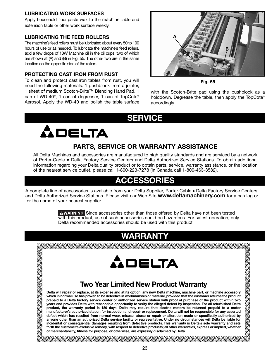 Accessories service, Warranty, Two year limited new product warranty | Parts, service or warranty assistance | Delta DC-580 20" PLANER 22-450 User Manual | Page 23 / 24