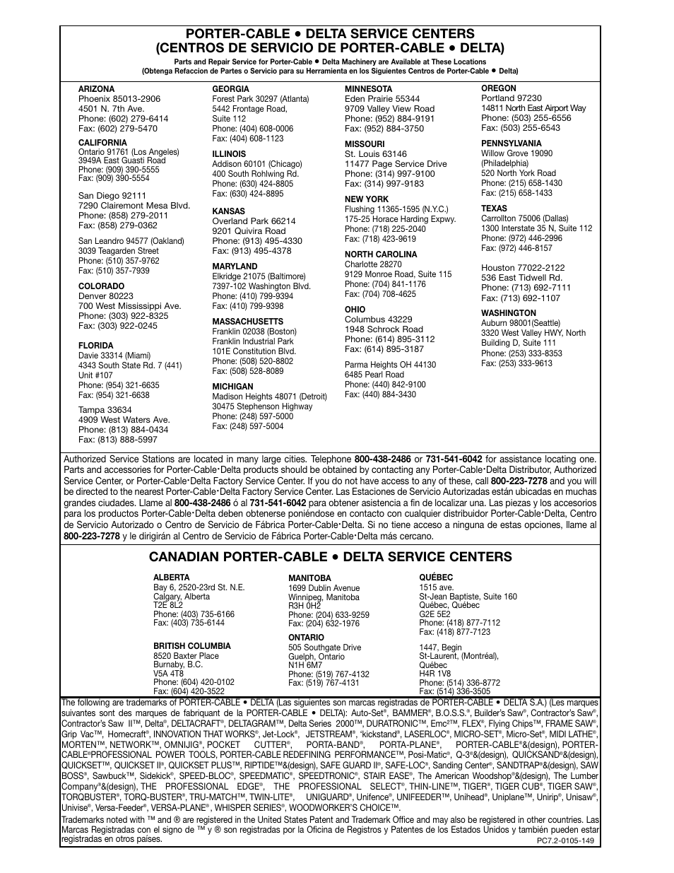 Porter-cable, Delta), Canadian porter-cable | Delta service centers | Delta DC-580 20" PLANER 22-450 User Manual | Page 24 / 24