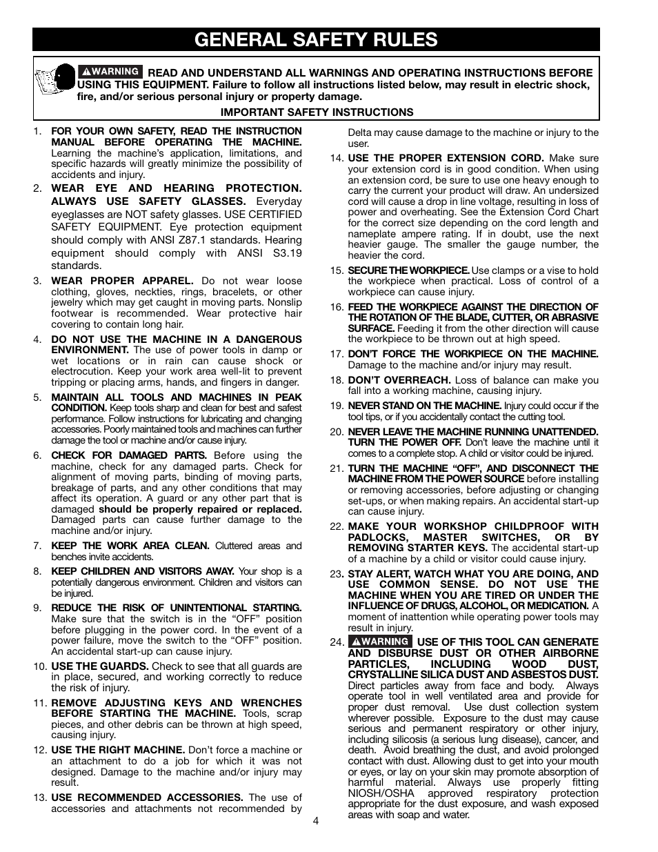 General safety rules | Delta DC-580 20" PLANER 22-450 User Manual | Page 4 / 24