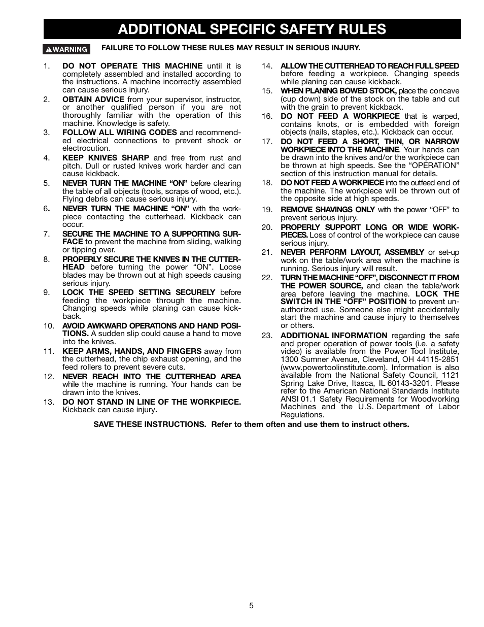 Additional specific safety rules | Delta DC-580 20" PLANER 22-450 User Manual | Page 5 / 24