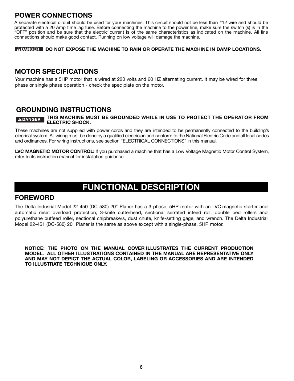 Functional description, Foreword, Grounding instructions | Motor specifications, Power connections | Delta DC-580 20" PLANER 22-450 User Manual | Page 6 / 24