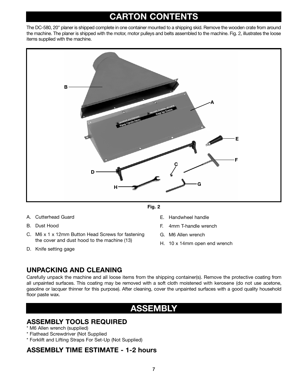 Carton contents, Assembly, Unpacking and cleaning | Delta DC-580 20" PLANER 22-450 User Manual | Page 7 / 24