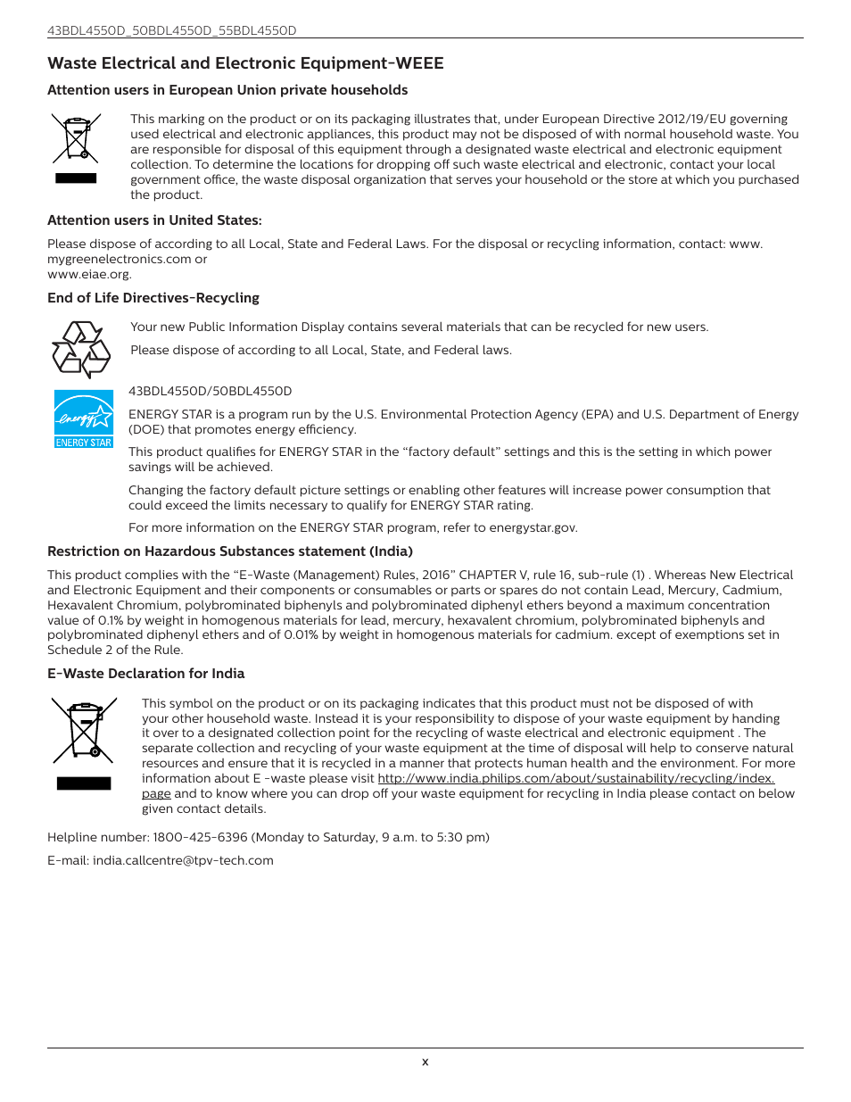 Waste electrical and electronic equipment-weee | Philips D-Line 55BDL4550D 55" 4K UHD Digital Signage Display User Manual | Page 10 / 71