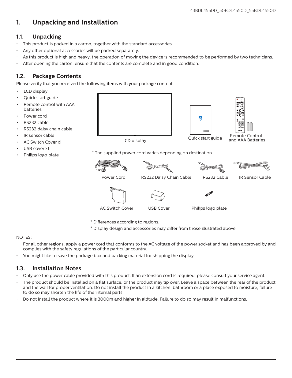 Unpacking and installation, Unpacking, Package contents | Installation notes | Philips D-Line 55BDL4550D 55" 4K UHD Digital Signage Display User Manual | Page 13 / 71