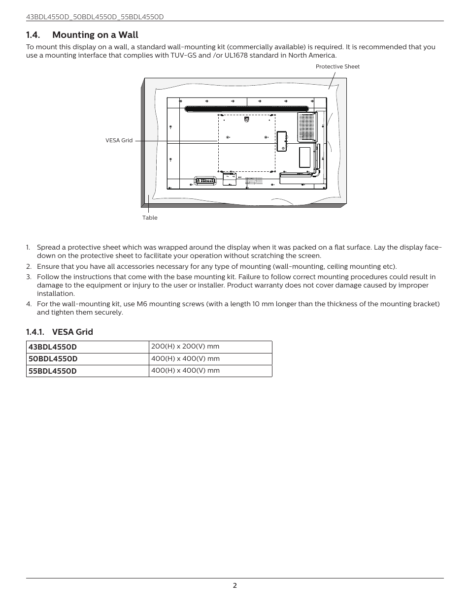 Mounting on a wall | Philips D-Line 55BDL4550D 55" 4K UHD Digital Signage Display User Manual | Page 14 / 71