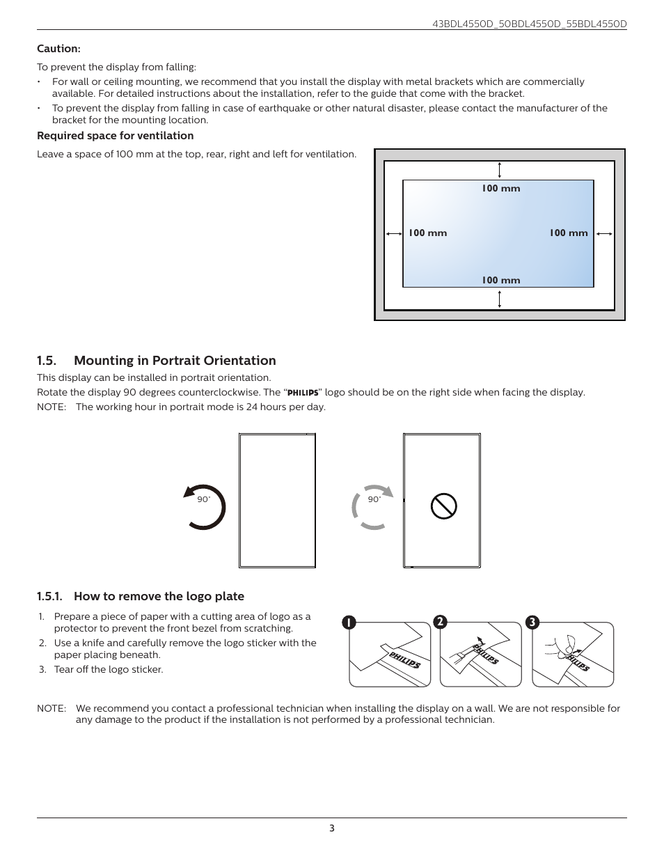 Mounting in portrait orientation | Philips D-Line 55BDL4550D 55" 4K UHD Digital Signage Display User Manual | Page 15 / 71