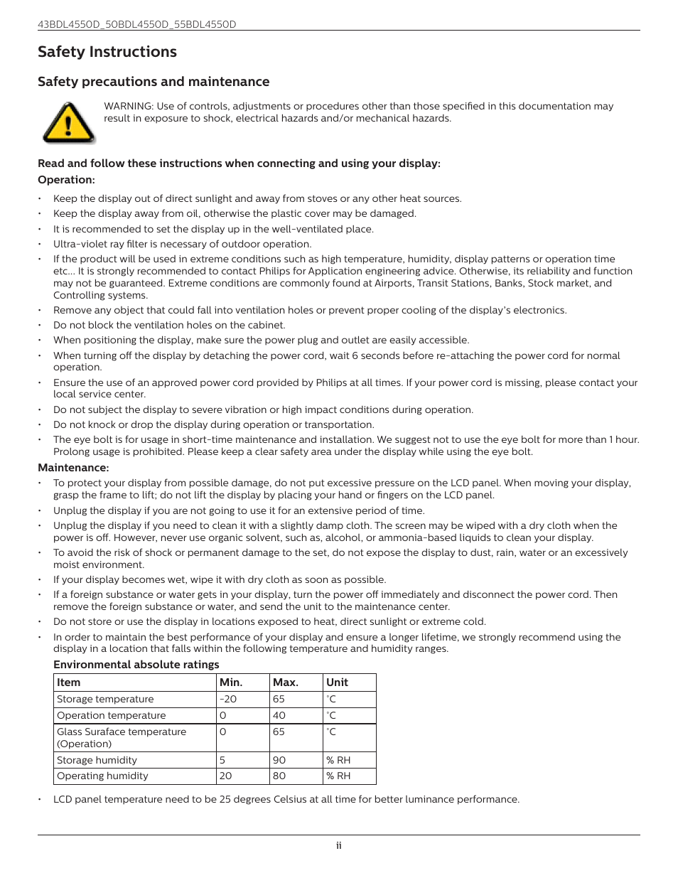 Safety instructions, Safety precautions and maintenance | Philips D-Line 55BDL4550D 55" 4K UHD Digital Signage Display User Manual | Page 2 / 71