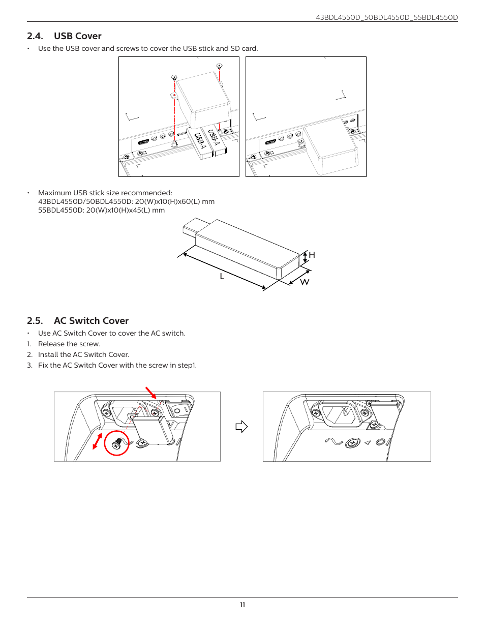 Usb cover, Ac switch cover, Usb cover 2.5. ac switch cover | Philips D-Line 55BDL4550D 55" 4K UHD Digital Signage Display User Manual | Page 23 / 71