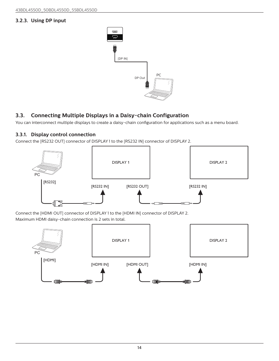 Connecting multiple displays in a daisy, Chain configuration, Using dp input | Display control connection | Philips D-Line 55BDL4550D 55" 4K UHD Digital Signage Display User Manual | Page 26 / 71