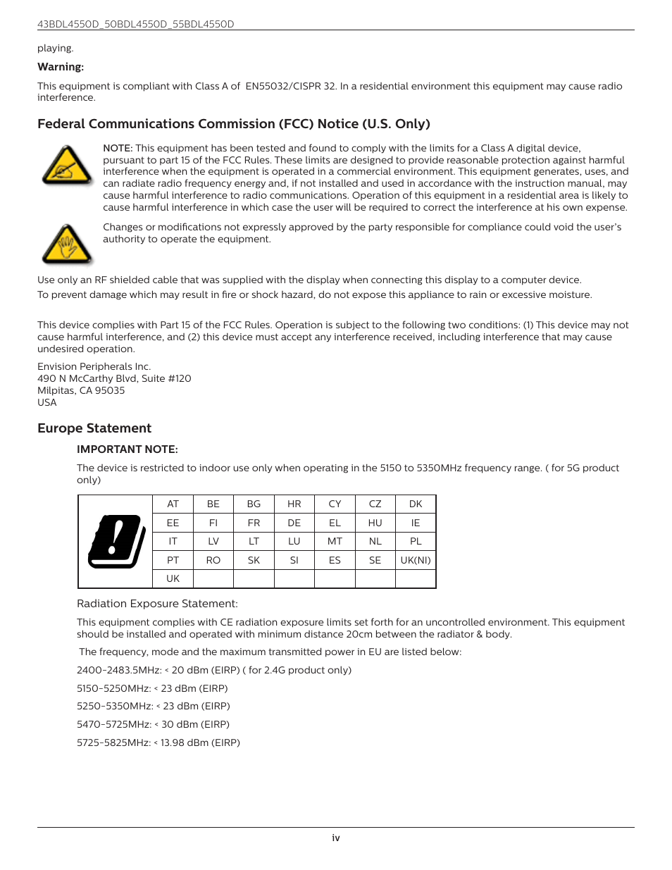 Europe statement | Philips D-Line 55BDL4550D 55" 4K UHD Digital Signage Display User Manual | Page 4 / 71