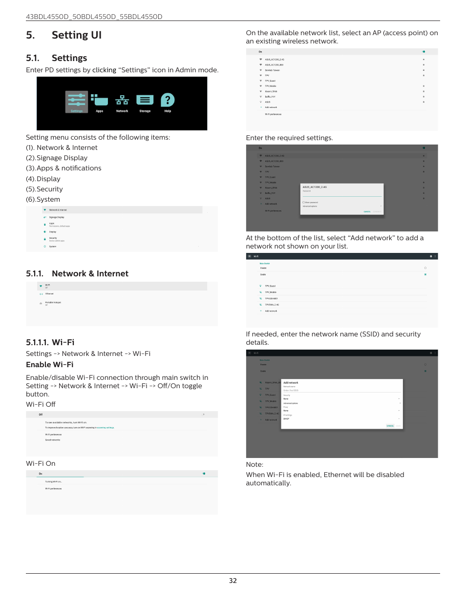 Setting ui, Settings, Setting ui 5.1. settings | Philips D-Line 55BDL4550D 55" 4K UHD Digital Signage Display User Manual | Page 44 / 71