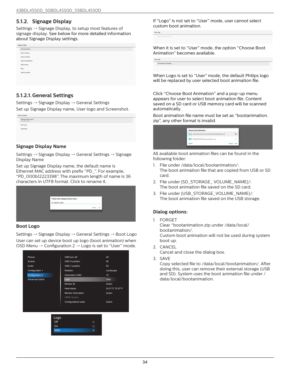 Signage display, General settings, Signage display name | Boot logo, Dialog options | Philips D-Line 55BDL4550D 55" 4K UHD Digital Signage Display User Manual | Page 46 / 71