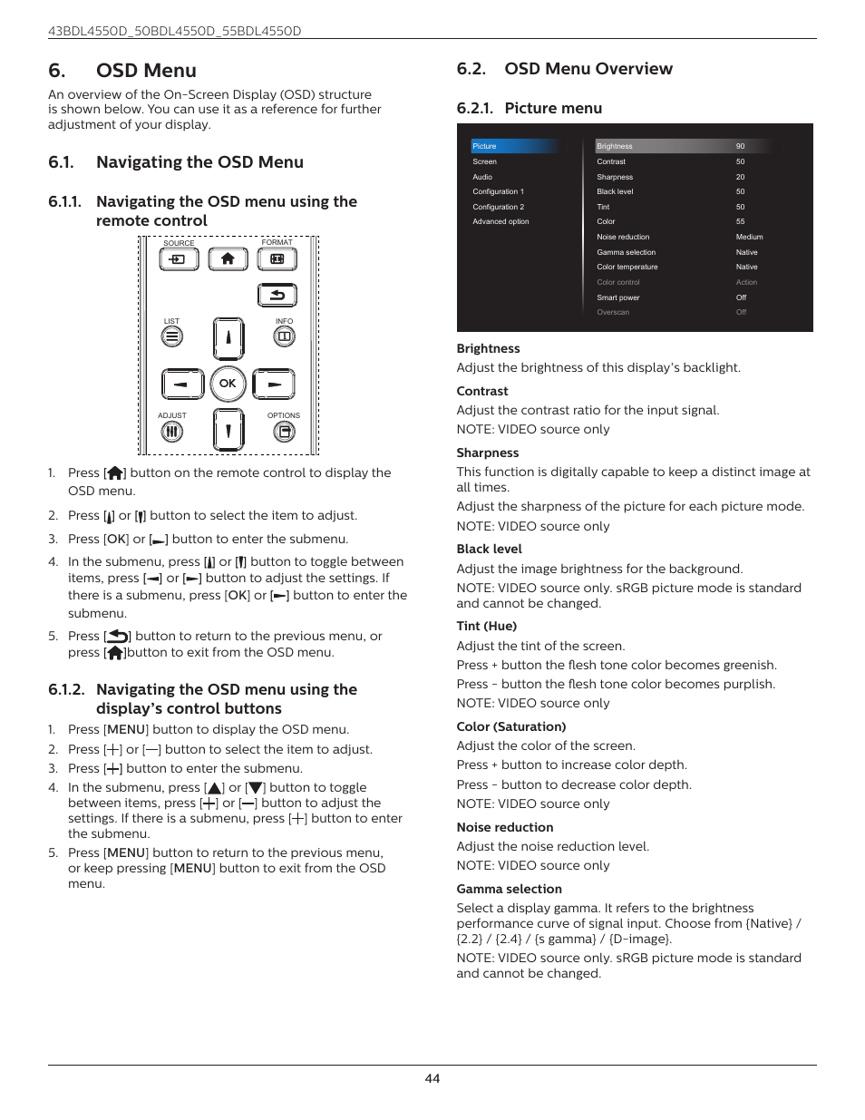 Osd menu, Navigating the osd menu, Osd menu overview | Navigating the osd menu 6.2. osd menu overview, Navigating the osd menu using the remote control, Picture menu | Philips D-Line 55BDL4550D 55" 4K UHD Digital Signage Display User Manual | Page 56 / 71