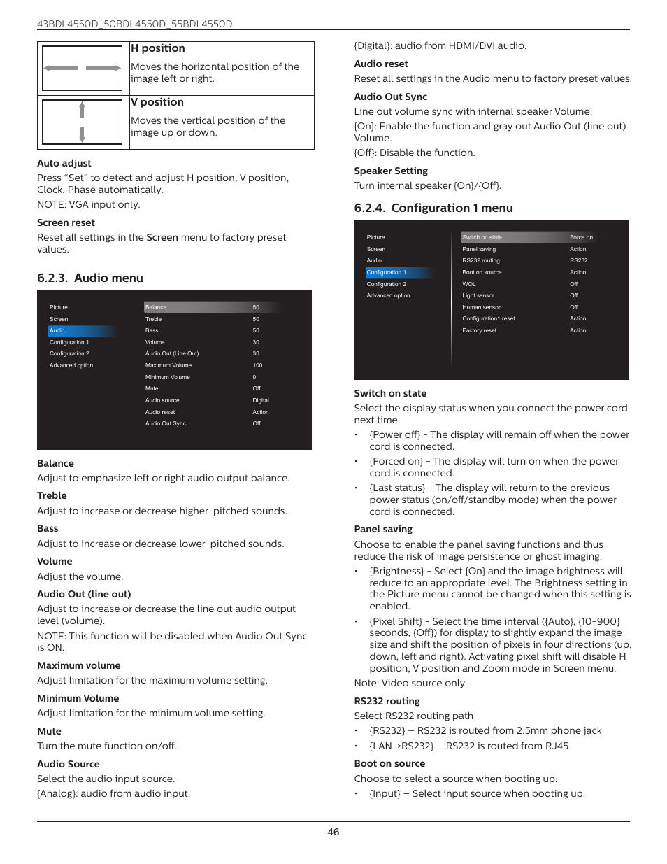 Audio menu, Configuration 1 menu, H position | V position | Philips D-Line 55BDL4550D 55" 4K UHD Digital Signage Display User Manual | Page 58 / 71