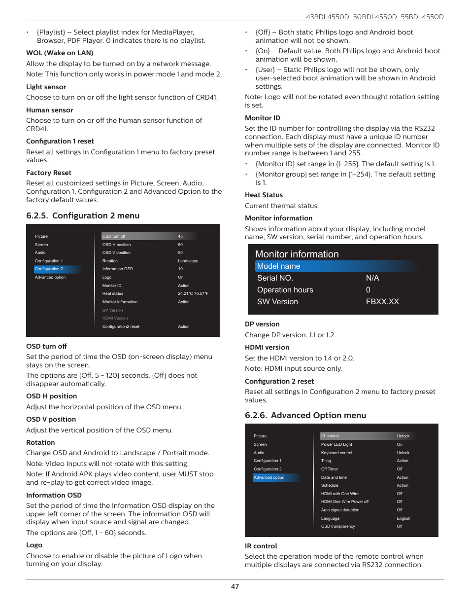 Monitor information, Configuration 2 menu, Advanced option menu | Philips D-Line 55BDL4550D 55" 4K UHD Digital Signage Display User Manual | Page 59 / 71