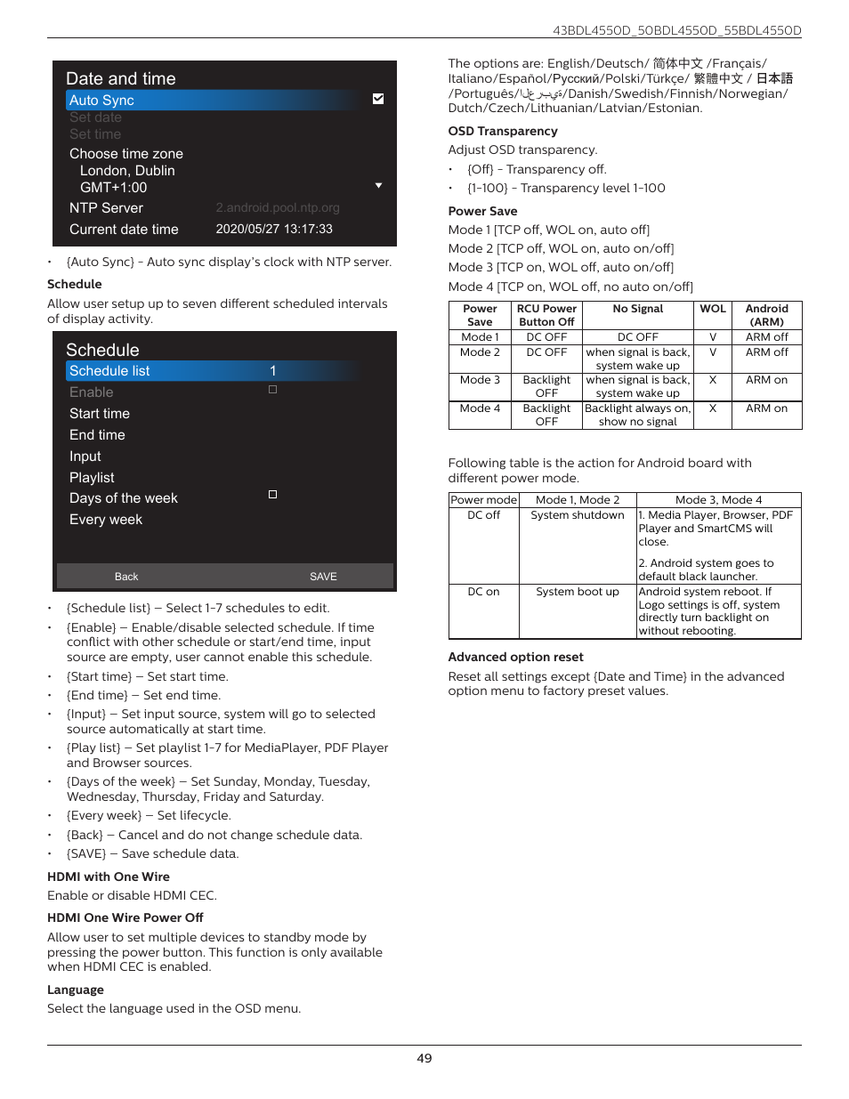 Date and time, Schedule | Philips D-Line 55BDL4550D 55" 4K UHD Digital Signage Display User Manual | Page 61 / 71