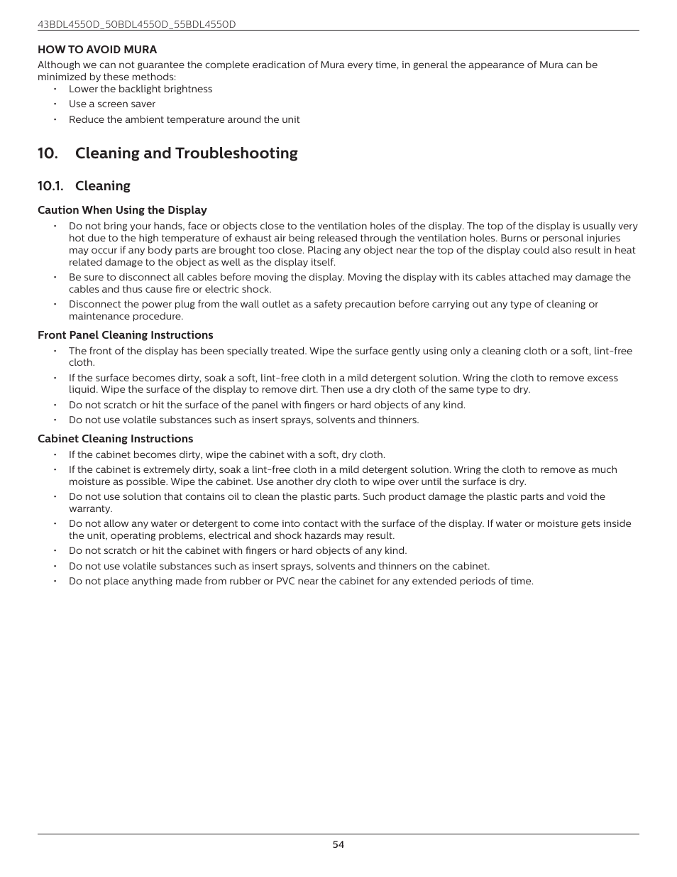 Cleaning and troubleshooting, Cleaning | Philips D-Line 55BDL4550D 55" 4K UHD Digital Signage Display User Manual | Page 66 / 71