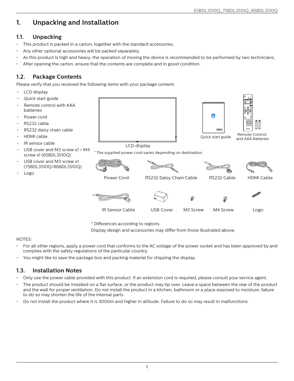 Unpacking and installation, Unpacking, Package contents | Installation notes | Philips Q-Line 86BDL3510Q 86" 4K Digital Signage Display User Manual | Page 12 / 42