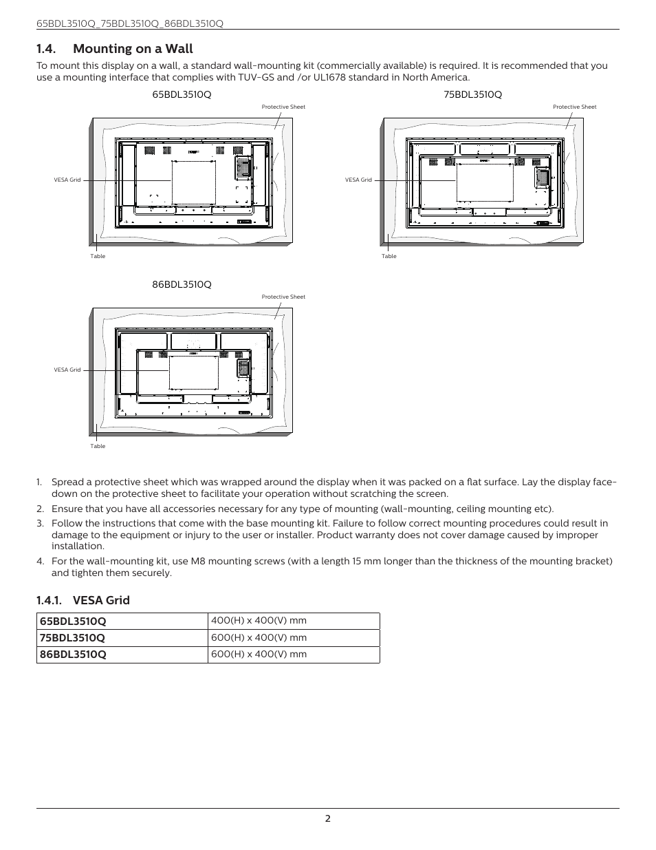 Mounting on a wall, Vesa grid | Philips Q-Line 86BDL3510Q 86" 4K Digital Signage Display User Manual | Page 13 / 42