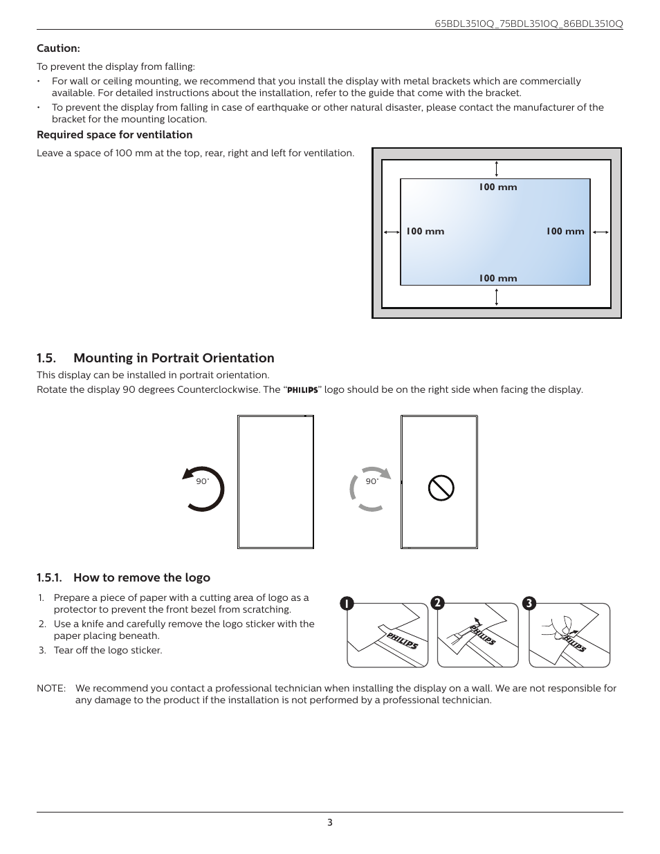 Mounting in portrait orientation, How to remove the logo | Philips Q-Line 86BDL3510Q 86" 4K Digital Signage Display User Manual | Page 14 / 42