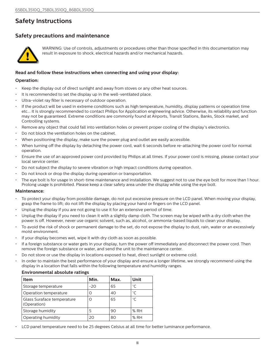 Safety instructions, Safety precautions and maintenance | Philips Q-Line 86BDL3510Q 86" 4K Digital Signage Display User Manual | Page 2 / 42