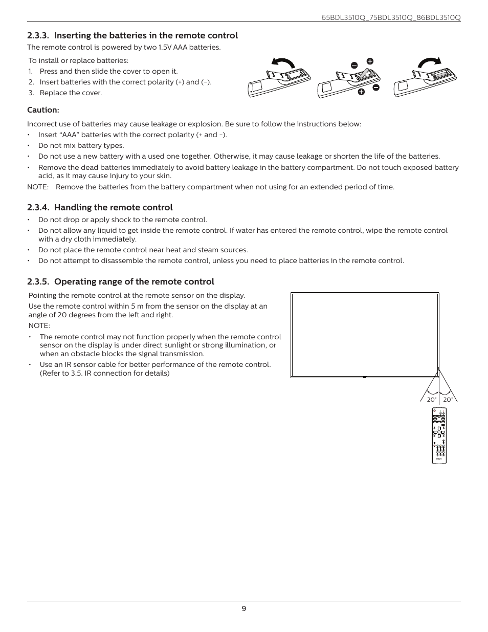 Inserting the batteries in the remote control, Handling the remote control, Operating range of the remote control | Inserting the batteries in the remote, Control | Philips Q-Line 86BDL3510Q 86" 4K Digital Signage Display User Manual | Page 20 / 42