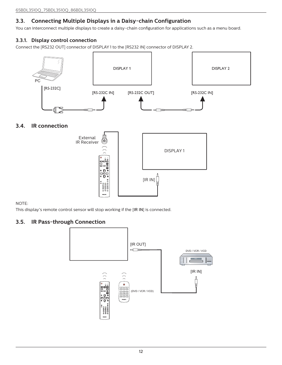 Display control connection, Ir connection, Ir pass-through connection | Connecting multiple displays in a daisy, Ir connection 3.5. ir pass-through connection, Remote control, Ir out] [ir in | Philips Q-Line 86BDL3510Q 86" 4K Digital Signage Display User Manual | Page 23 / 42