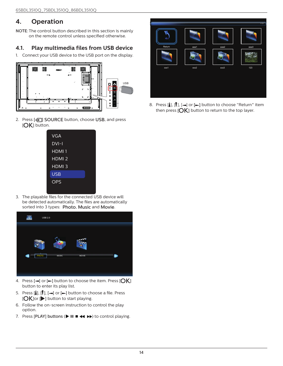 Operation, Play multimedia files from usb device | Philips Q-Line 86BDL3510Q 86" 4K Digital Signage Display User Manual | Page 25 / 42