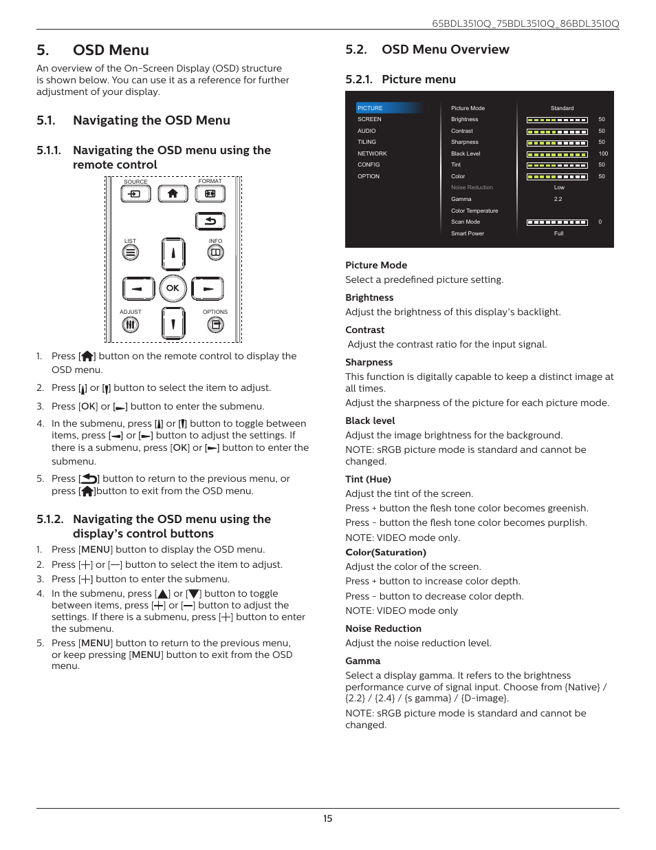 Osd menu, Navigating the osd menu, Navigating the osd menu using the remote control | Osd menu overview, Picture menu, Osd menu 5.1, Navigating the osd menu 5.1.1, Navigating the osd menu using the, Display’s control buttons | Philips Q-Line 86BDL3510Q 86" 4K Digital Signage Display User Manual | Page 26 / 42