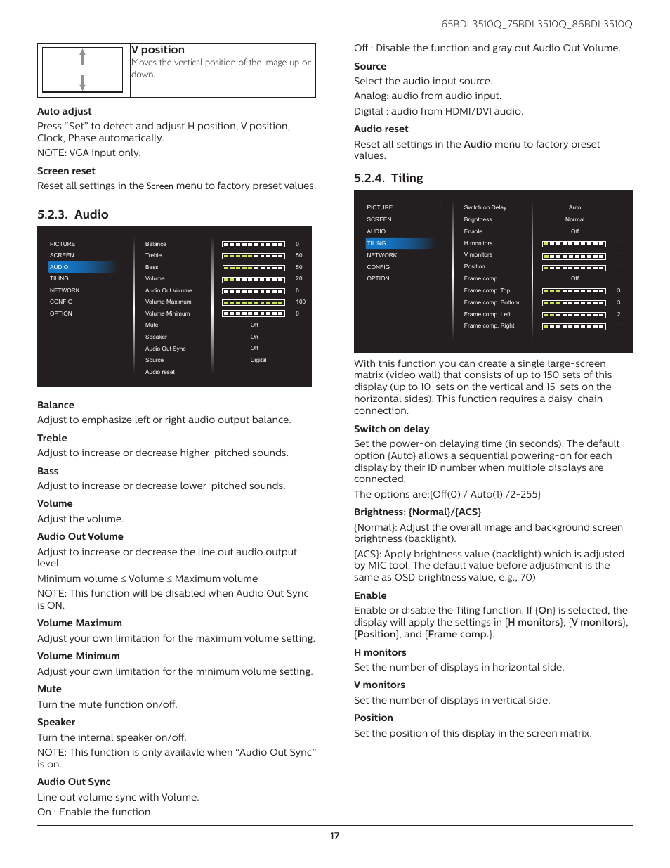 Audio, Tiling, V position | Philips Q-Line 86BDL3510Q 86" 4K Digital Signage Display User Manual | Page 28 / 42