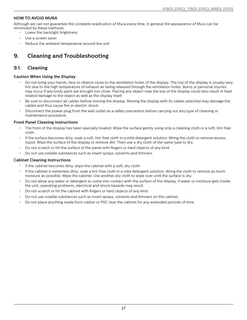 Cleaning and troubleshooting, Cleaning, Cleaning and troubleshooting 9.1. cleaning | Philips Q-Line 86BDL3510Q 86" 4K Digital Signage Display User Manual | Page 38 / 42