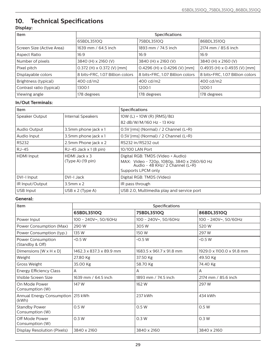 Technical specifications | Philips Q-Line 86BDL3510Q 86" 4K Digital Signage Display User Manual | Page 40 / 42