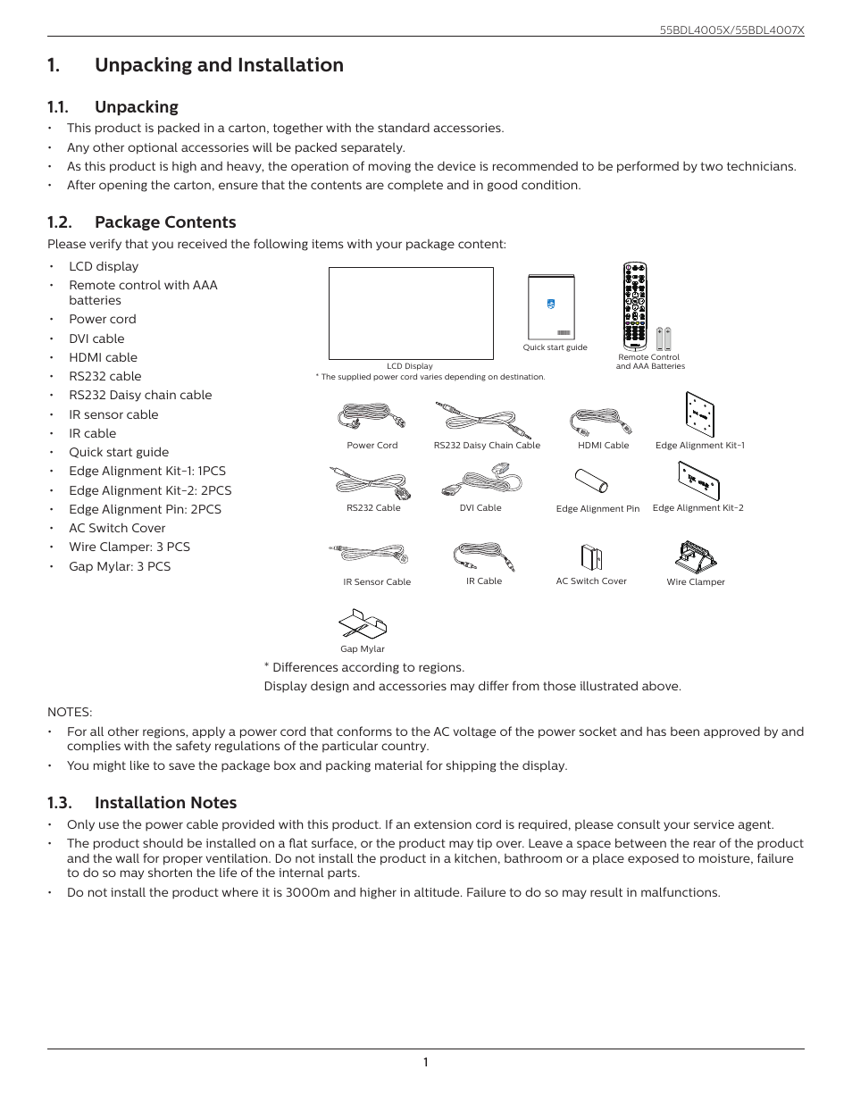 Unpacking and installation, Unpacking, Package contents | Installation notes | Philips X-Line 55BDL4007X 55" Full HD Video Wall Display User Manual | Page 12 / 49