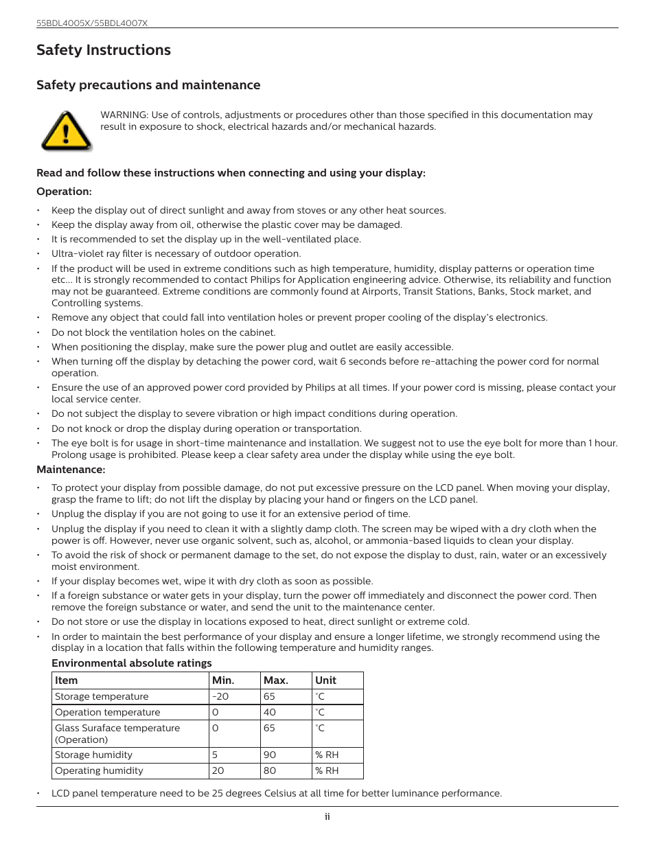 Safety instructions, Safety precautions and maintenance | Philips X-Line 55BDL4007X 55" Full HD Video Wall Display User Manual | Page 2 / 49