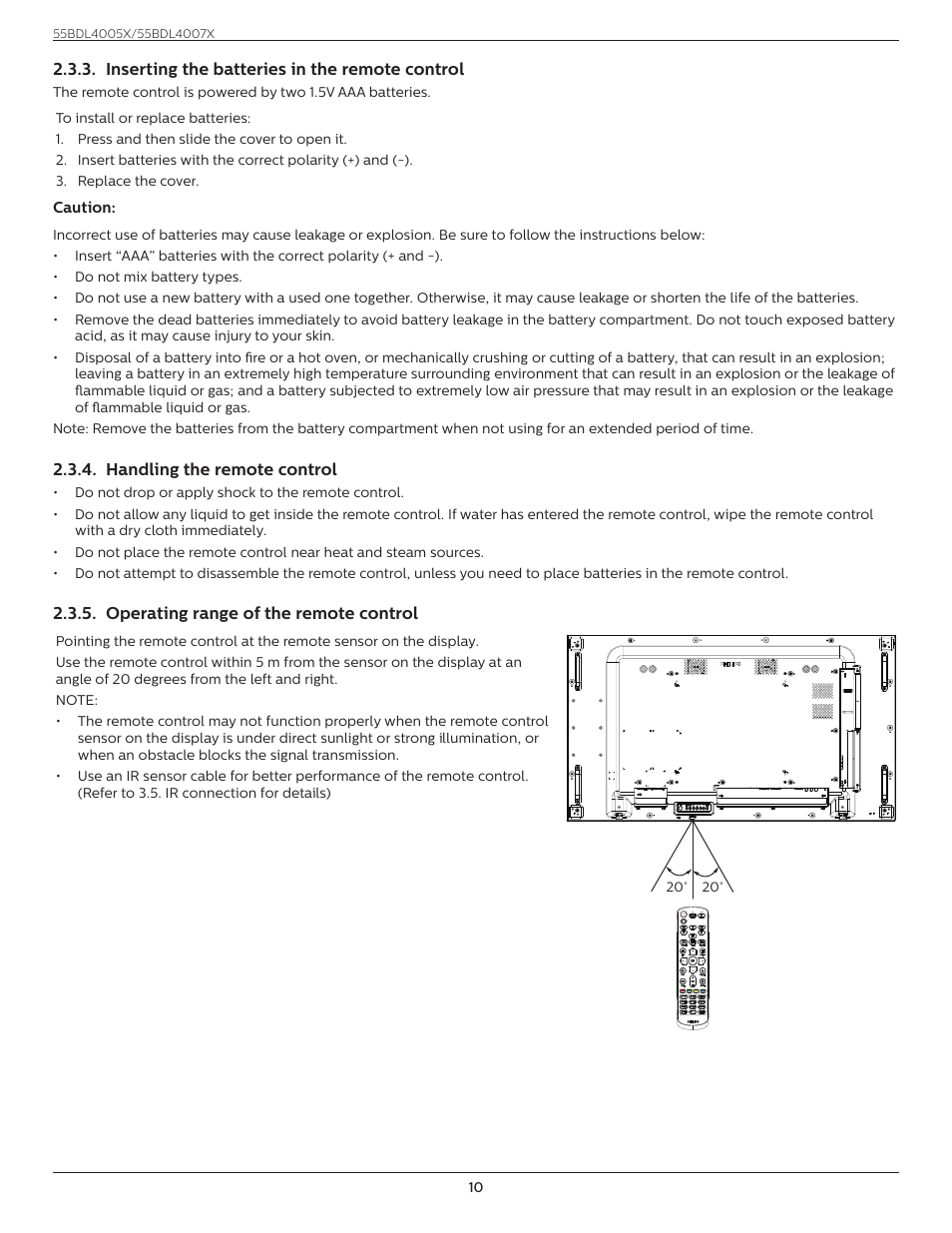 Inserting the batteries in the remote control, Handling the remote control, Operating range of the remote control | Inserting the batteries in the remote, Control | Philips X-Line 55BDL4007X 55" Full HD Video Wall Display User Manual | Page 21 / 49