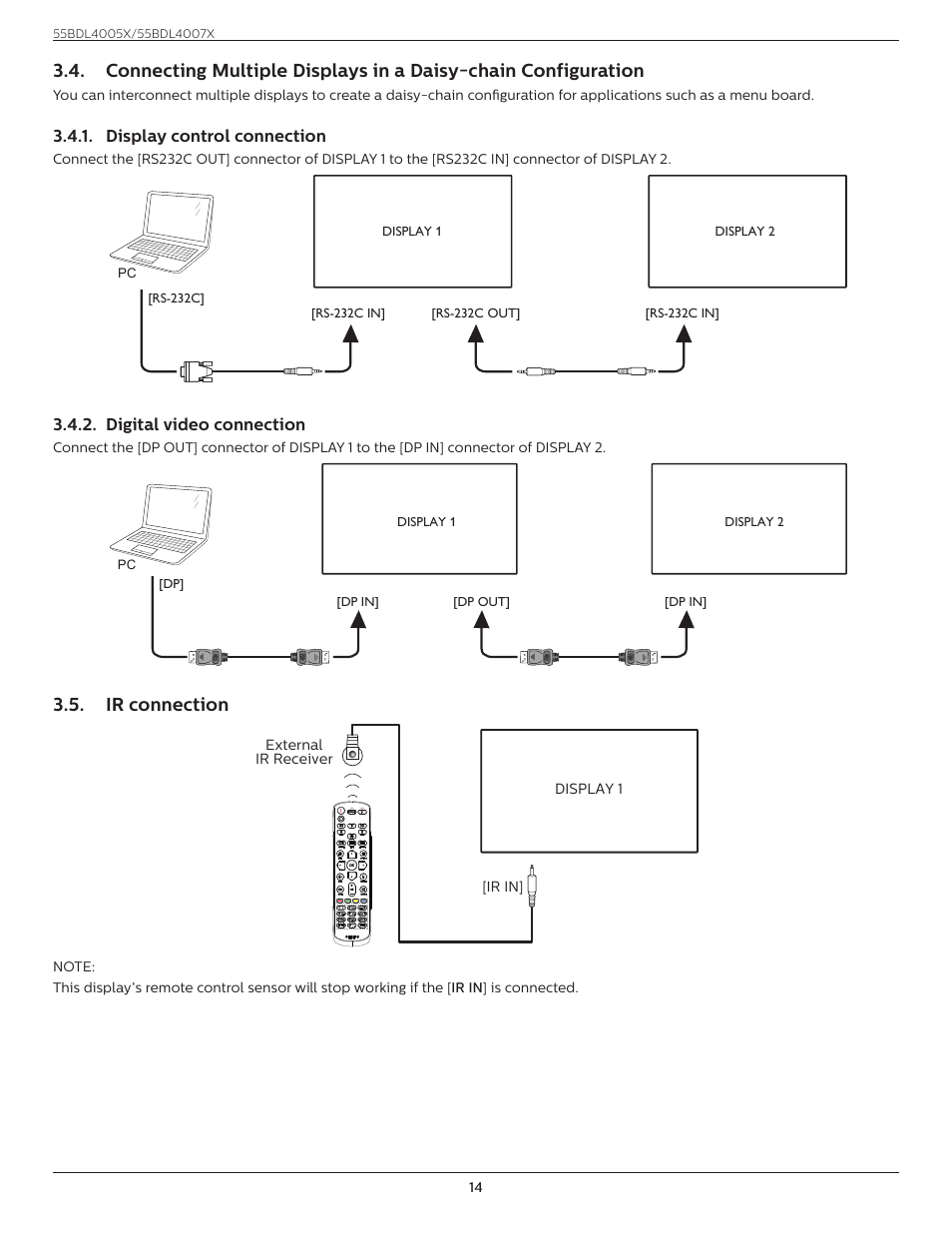 Display control connection, Digital video connection, Ir connection | Connecting multiple displays in a daisy | Philips X-Line 55BDL4007X 55" Full HD Video Wall Display User Manual | Page 25 / 49