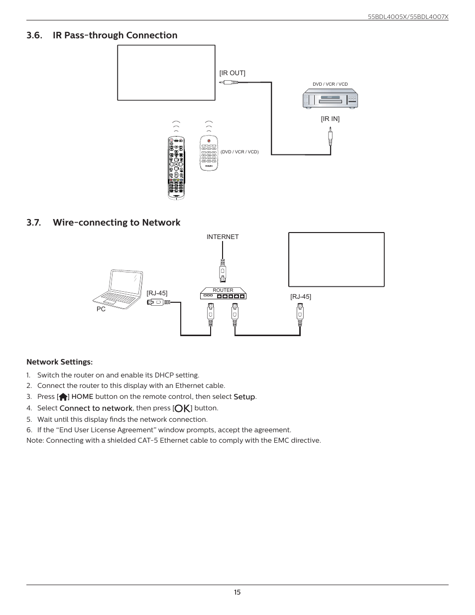 Ir pass-through connection, Wire-connecting to network | Philips X-Line 55BDL4007X 55" Full HD Video Wall Display User Manual | Page 26 / 49