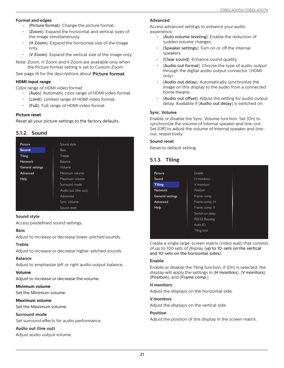 Sound, Tiling, Sound 5.1.3. tiling | Philips X-Line 55BDL4007X 55" Full HD Video Wall Display User Manual | Page 32 / 49