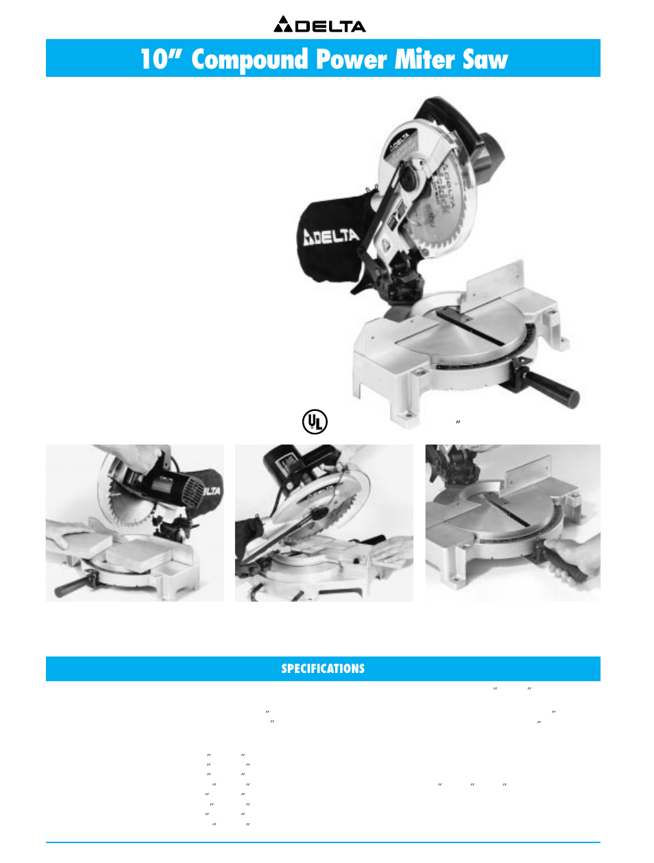 10” compound power miter saw, High performance without the high price, Specifications | Dust bag collects fine dust and wood chips | Delta 36-751 User Manual | Page 16 / 30