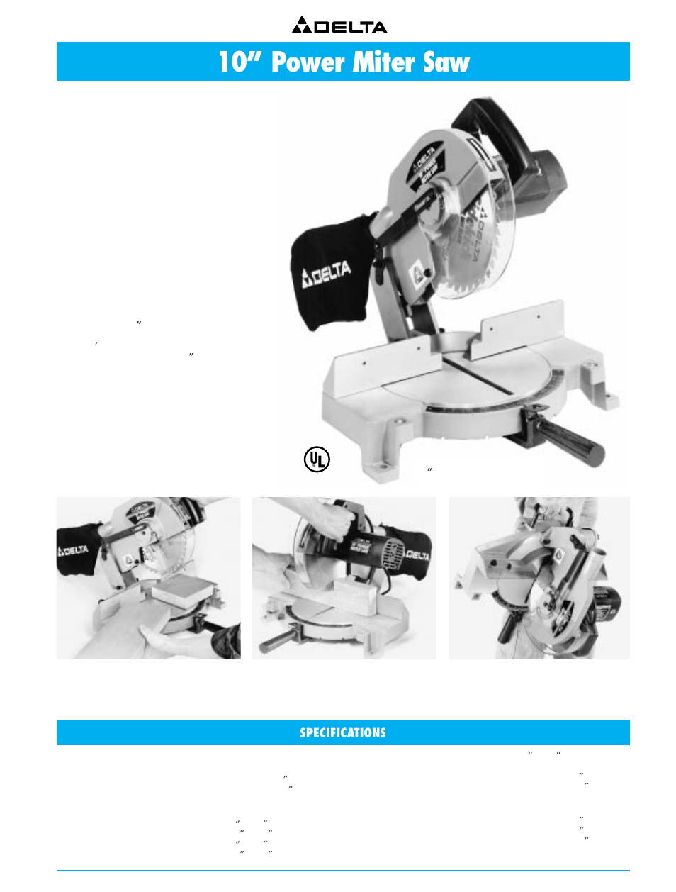 10” power miter saw, Specifications, Pre-drilled base holes for easy bench mounting | Delta 36-751 User Manual | Page 17 / 30