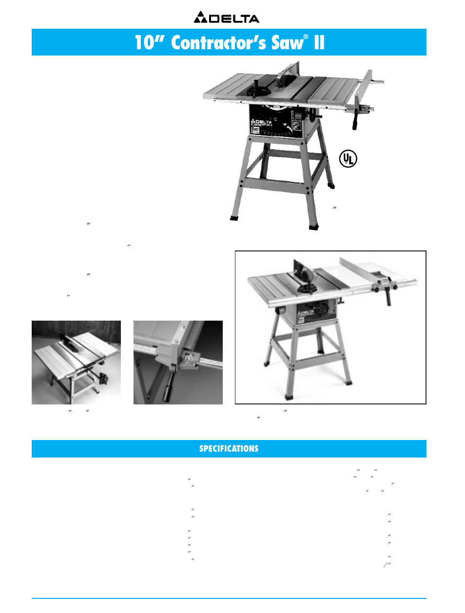 10” contractor’s saw ii, 10” contractor’s saw, Specifications | Powerful 1, Auto-set, Large on/off paddle switch | Delta 36-751 User Manual | Page 4 / 30