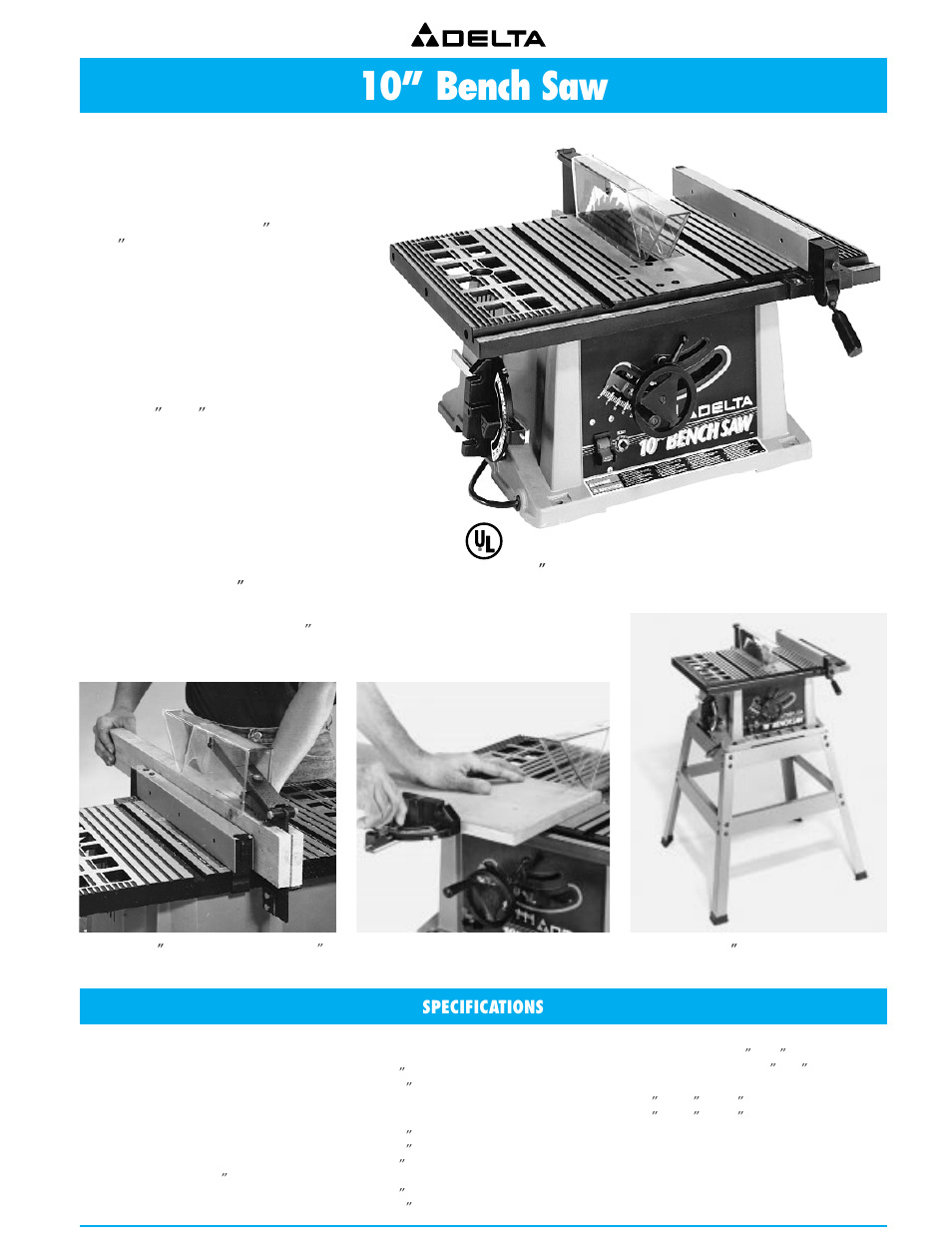 10” bench saw, Big saw capacity in an economical package, Specifications | Delta 36-751 User Manual | Page 7 / 30