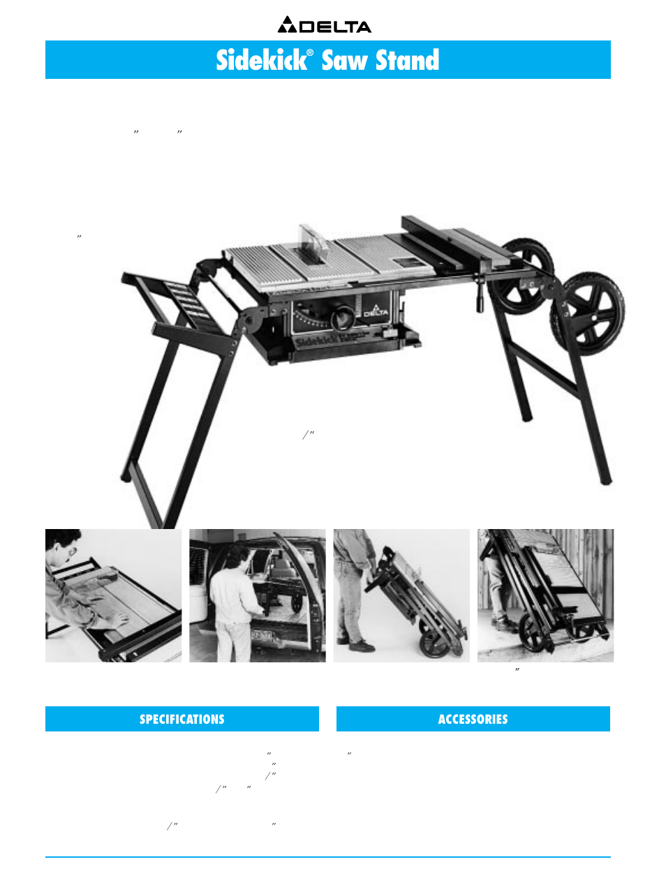 Specialty saws, Sidekick saw stand, Sidekick | Saw stand, Adds sturdy support and complete job-site mobility, Specifications, Accessories | Delta 36-751 User Manual | Page 8 / 30