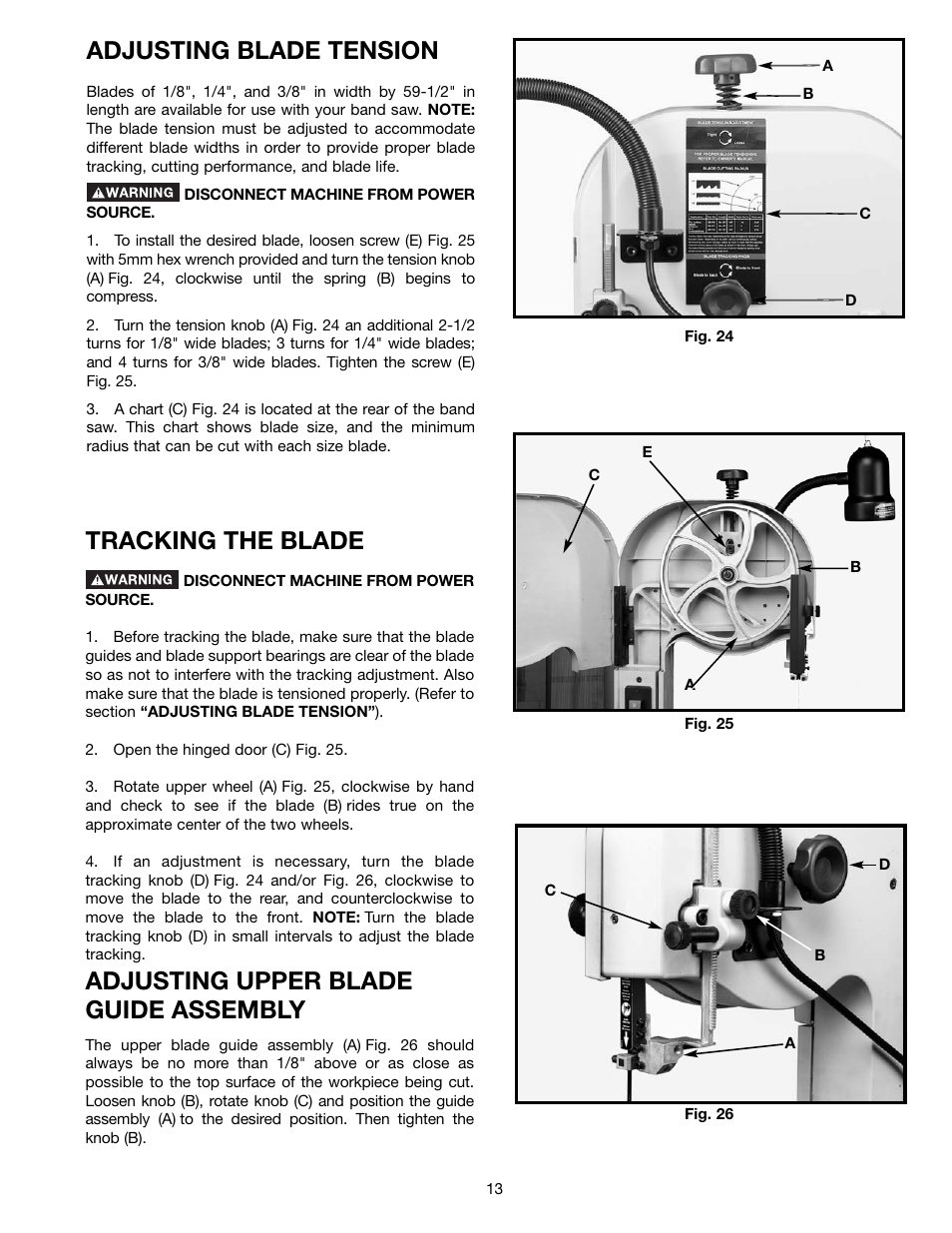 Adjusting blade tension, Tracking the blade, Adjusting upper blade guide assembly | Delta BS150LS User Manual | Page 13 / 25