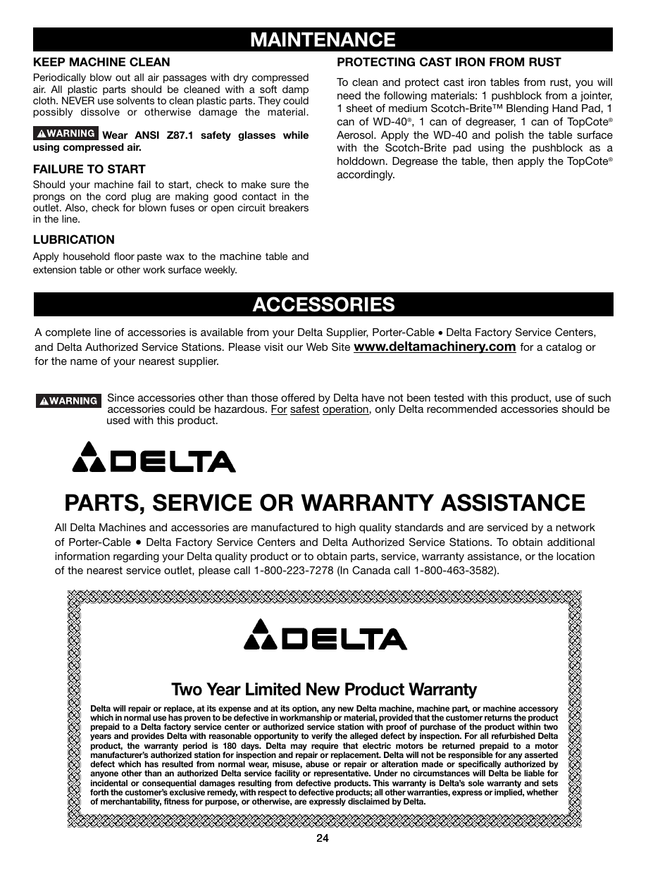 Parts, service or warranty assistance, Accessories, Maintenance | Two year limited new product warranty | Delta BS150LS User Manual | Page 24 / 25